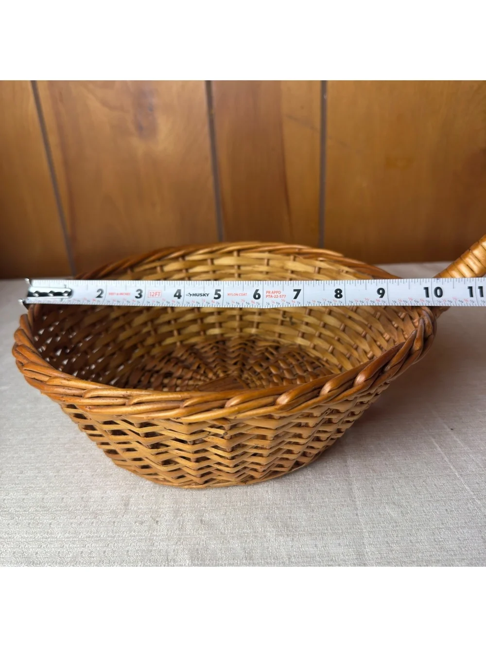 Vintage Wicker Serving Basket With Long Handle Round Handwoven Farmhouse Decor